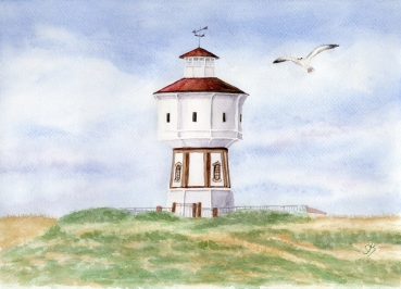 Postkarte DIN-A6  Aquarell Maritim Kunst Druck Kunstdruck Nordsee Insel Langeoog Wasserturm Leuchtturm